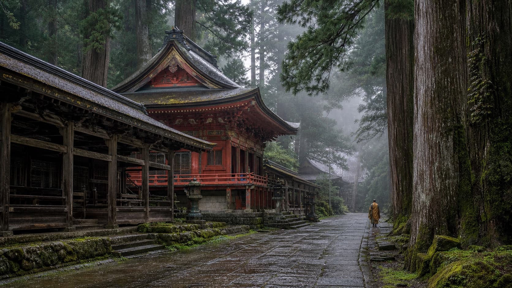 雨上がりの高野山の伽藍と杉木立を歩く僧侶